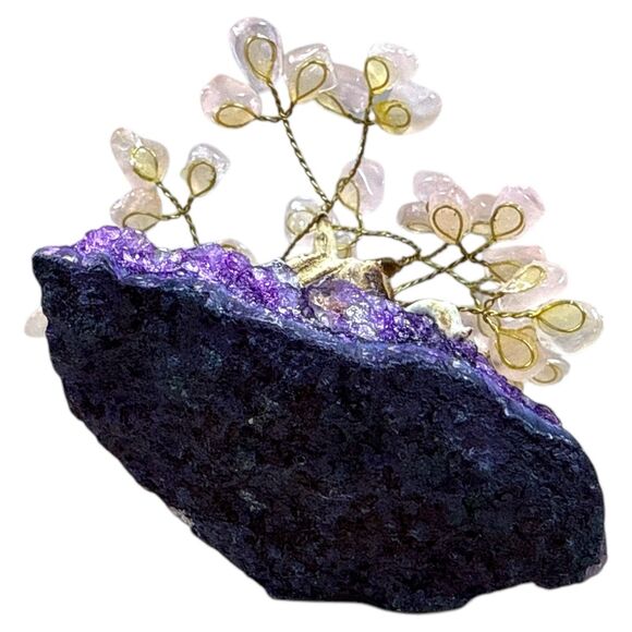 Rose Quartz Tree of Life on Amethyst Druzy Cluster Crystal Bonsai - Picture 4 of 4